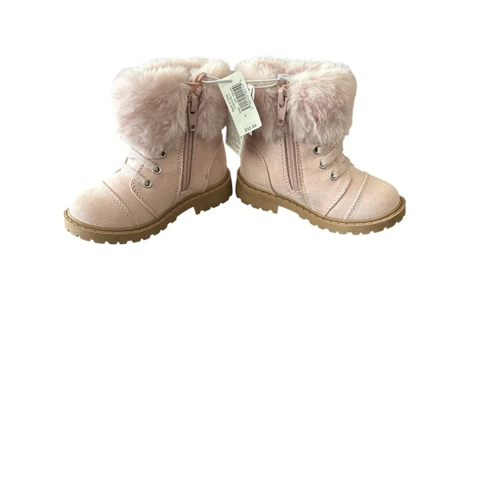 Pink Faux Suede Toddler Boots with Faux Fur Trim Side Zip Lug Sole Size 6 NEW‎